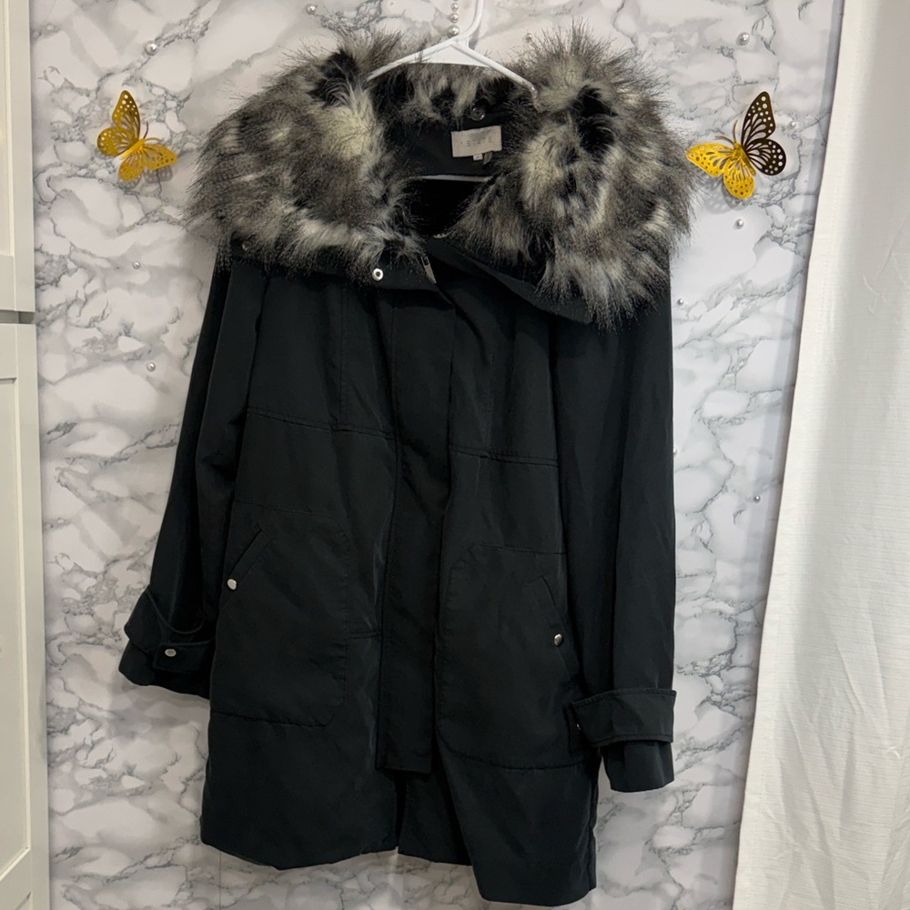 STATE Black Trench Coat with Faux Fur Collar